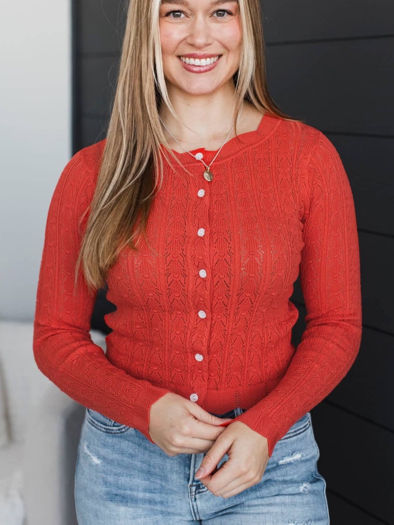 Priceless Memories Pointelle Knit Button Cardigan- Poppy
